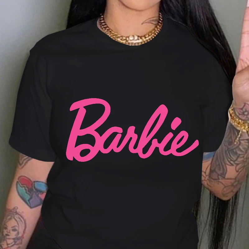 Cute Barbie 2024 New Women\'s T-Shirt Short Sleeve Fashion Casual Polyester Letter Print Round Neck Cartoon Girl T-Shirt Gift