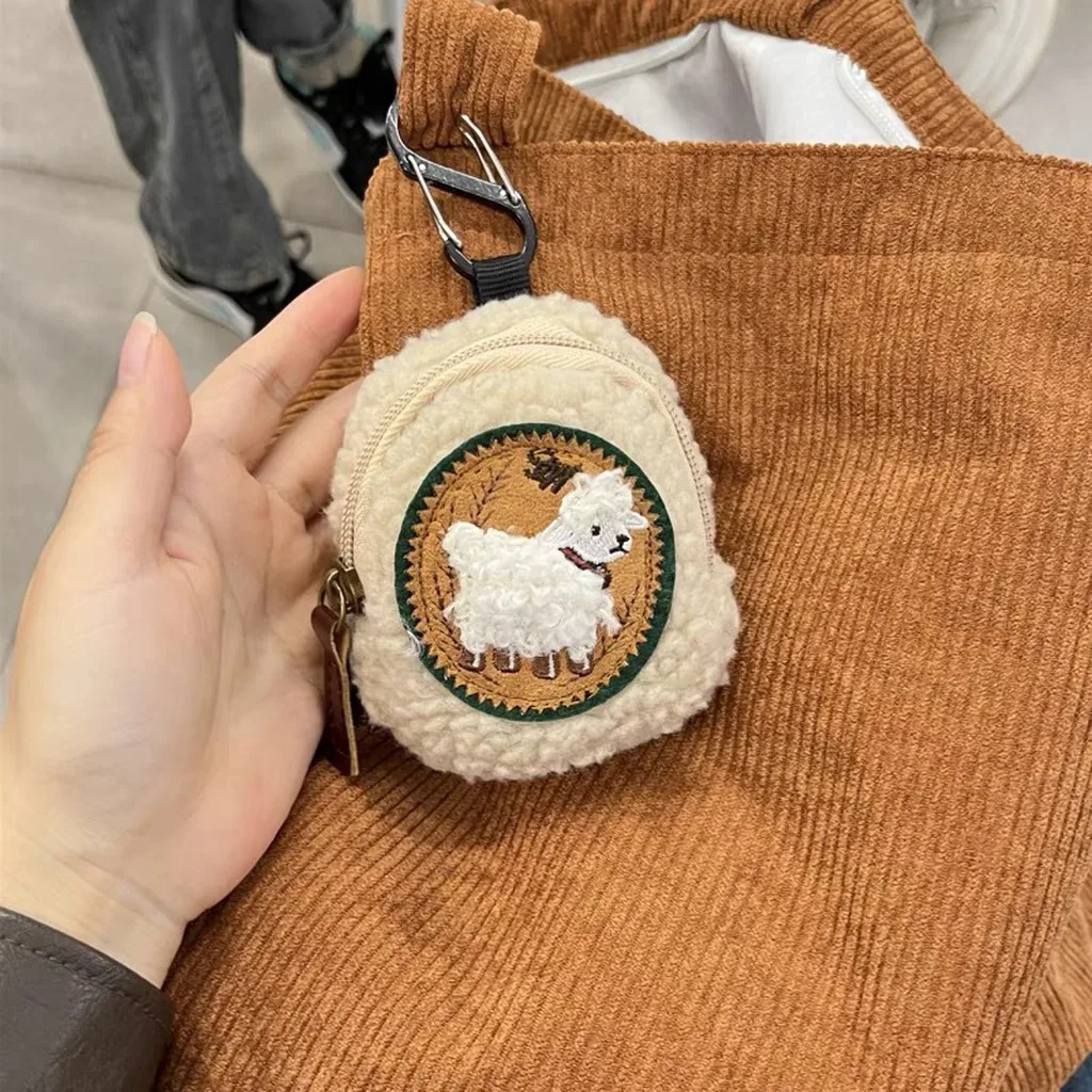Lamb Embroidered Pouch Cute Mini Coin Purse Small Storage Pouch Soft Portable Coin Purse For Backpacks Tote Bags Earbuds Storage