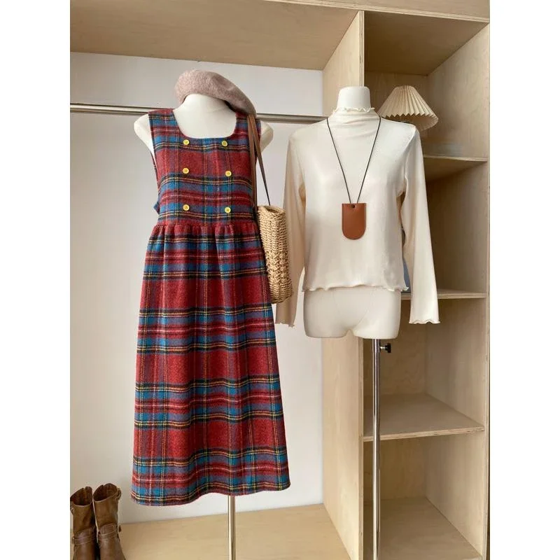 Autumn Winter Christmas Style Retro Square Neck Plaid Vest Dress + Women Half High Collar Slim Bottoming T-shirts Two-piece Set