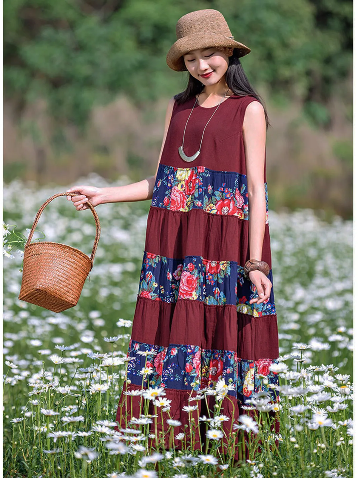 Style ethnique loisirs coton lin robes sans manches femmes été Floral Patchwork bohème ample grande balançoire Maxi longue robe