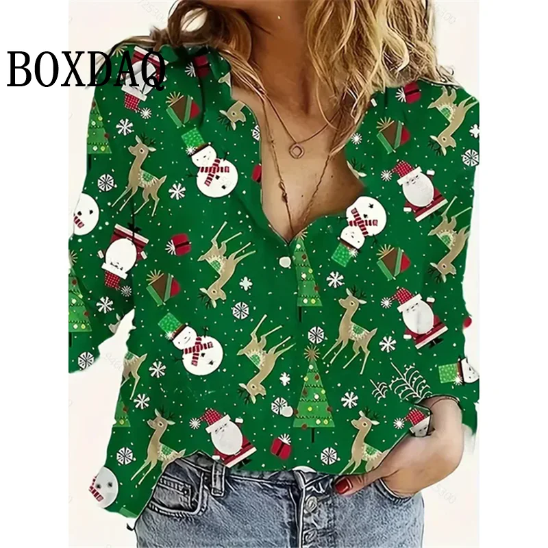 Women\'s 2024 New 3D Christmas Print Long Sleeve Blouses Elegant Lapel Long Sleeve Tops Winter Spring Single-Breasted Basic Shirt