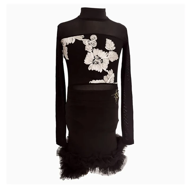 Body à manches longues en maille imprimée noire et jupes de danse à volants pour enfants filles, Costume de concours de danse latine de valse, vêtements de danse