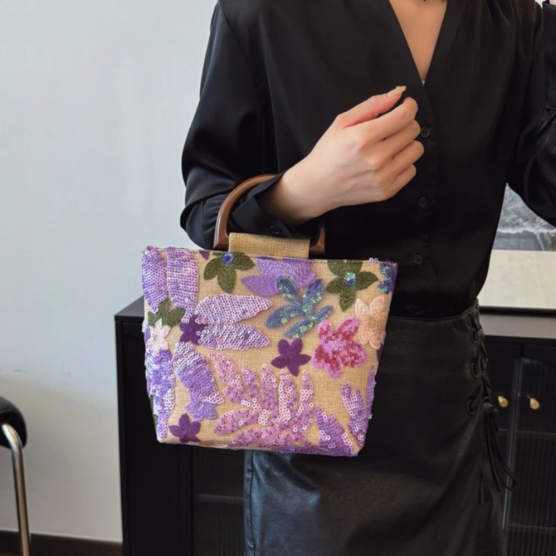 Straw Woven Beach Bag with Embroidered Flower Sequins