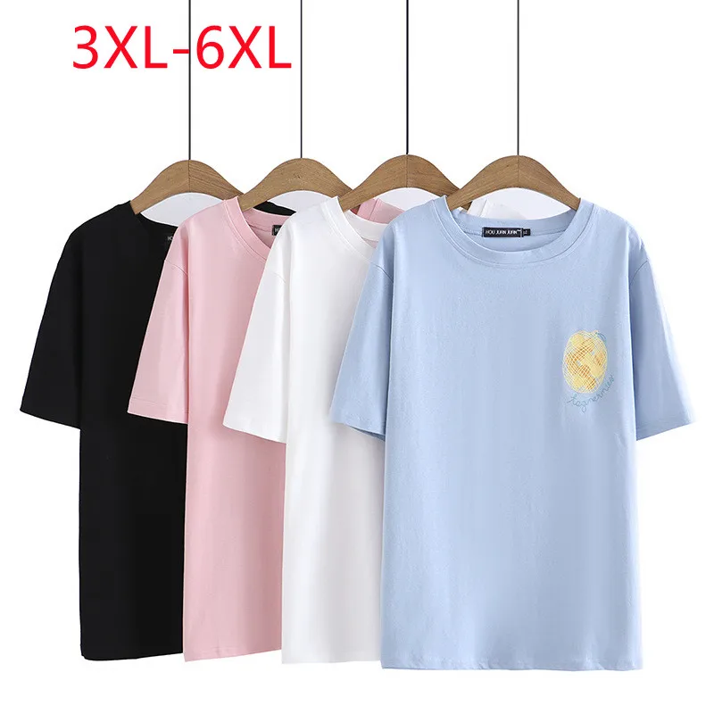 New 2023 Ladies Summer Plus Size Tops For Women Large Size Short Sleeve O-neck Print Cotton Pink T-shirt 3XL 4XL 5XL 6XL