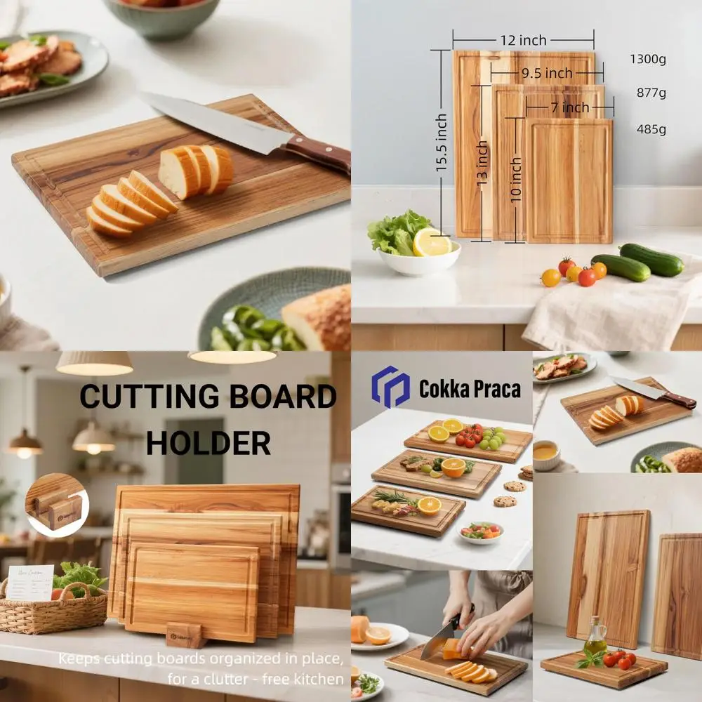 

3-Piece Teak Wood Cutting Board Set with Stand | Durable, Splinter-Free, Non-Slip Boards | Deep Juice Groove for Kitchen Use