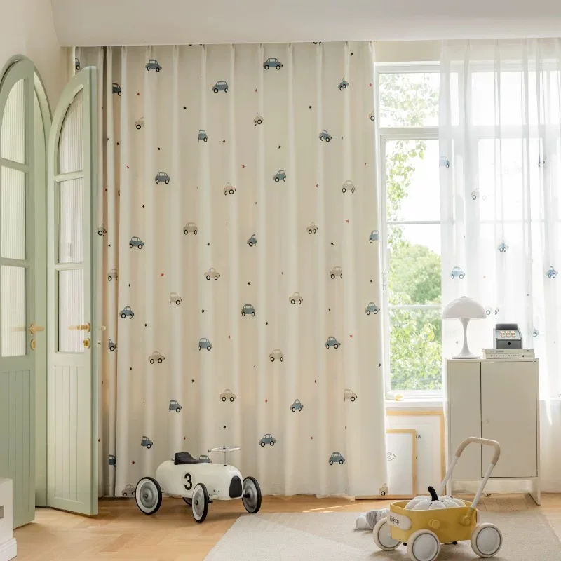 1PC Cute Cartoon Car Children\'s Blackout Curtains, Beige Shading Curtains For Kids Bedroom Window Decoration,  Tulle Curtains