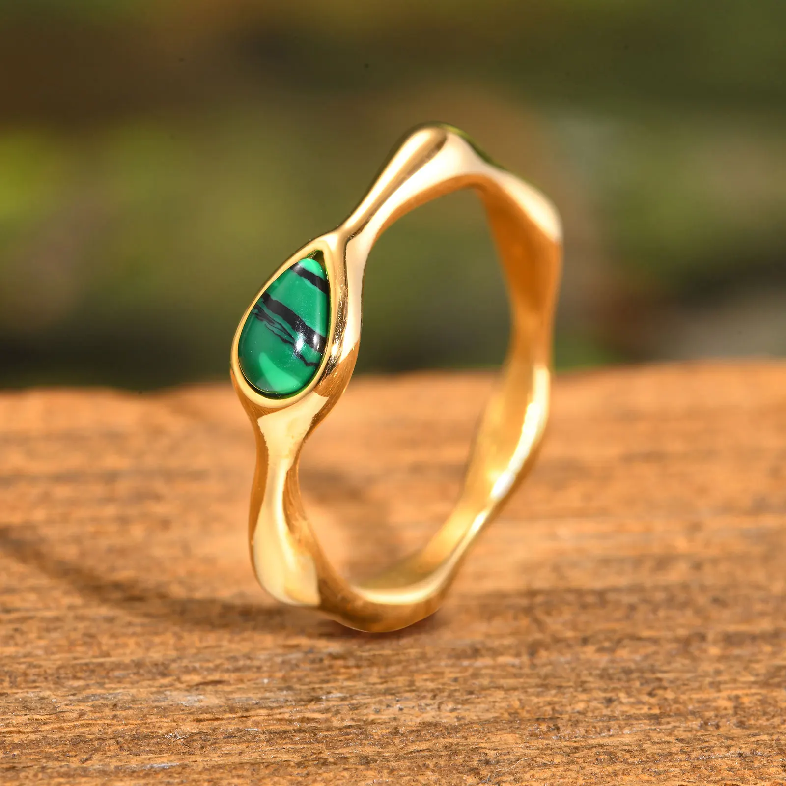 Simple Water Drop Malachite Ring for Women,Vintage Rings,Stainless Steel Gold Plated Jewelry Anniversary Gifts