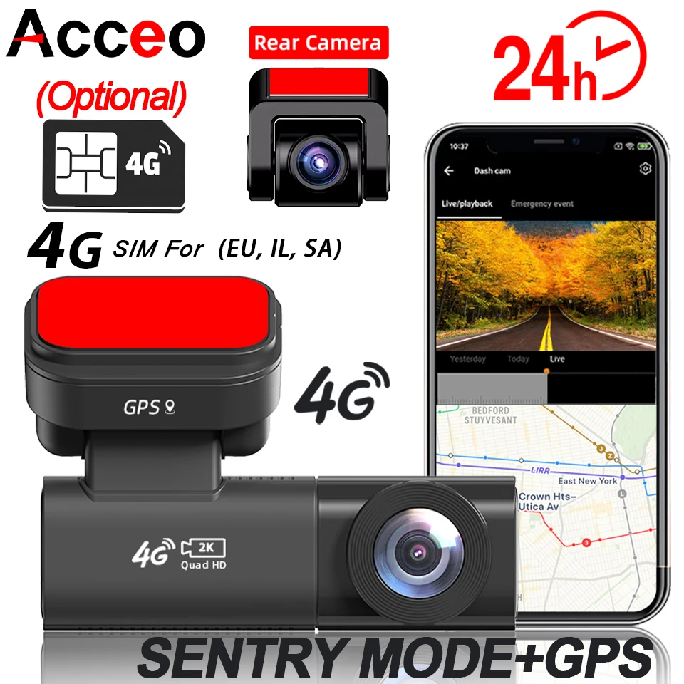 

Acceo 4G LTE Car Dash Cam Connected Real-Time Live 2K Front & View Rear Recording Collision Warning Human Detection GPS Tracking