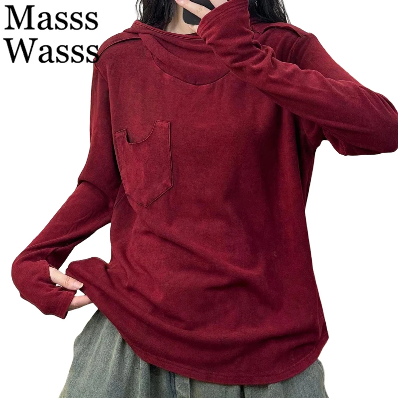 

Mass Wasss, зимняя одежда японского дизайна, женская мода, свободные футболки с капюшоном, женские роскошные классические повседневные однотонные винтажные топы