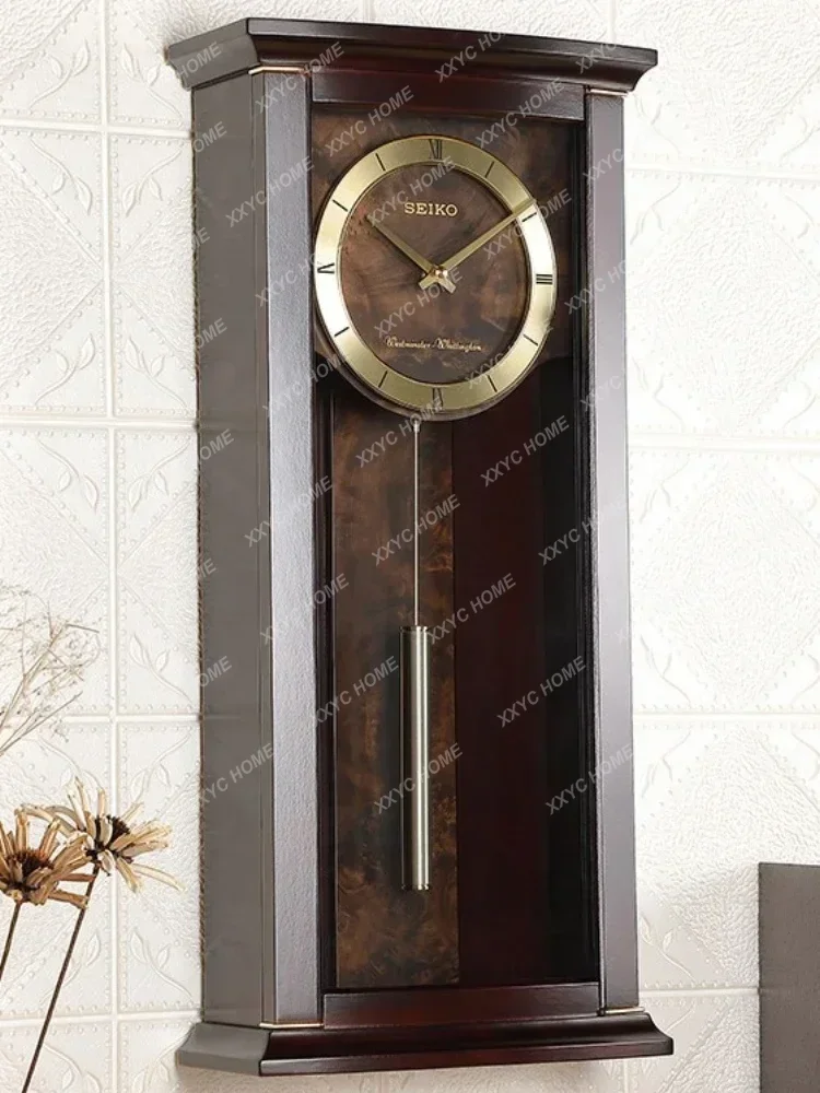 A  Seiko Clock European-Style Solid Wood Large Wall Clock Living Room Luxury Music Time Reporting Clock