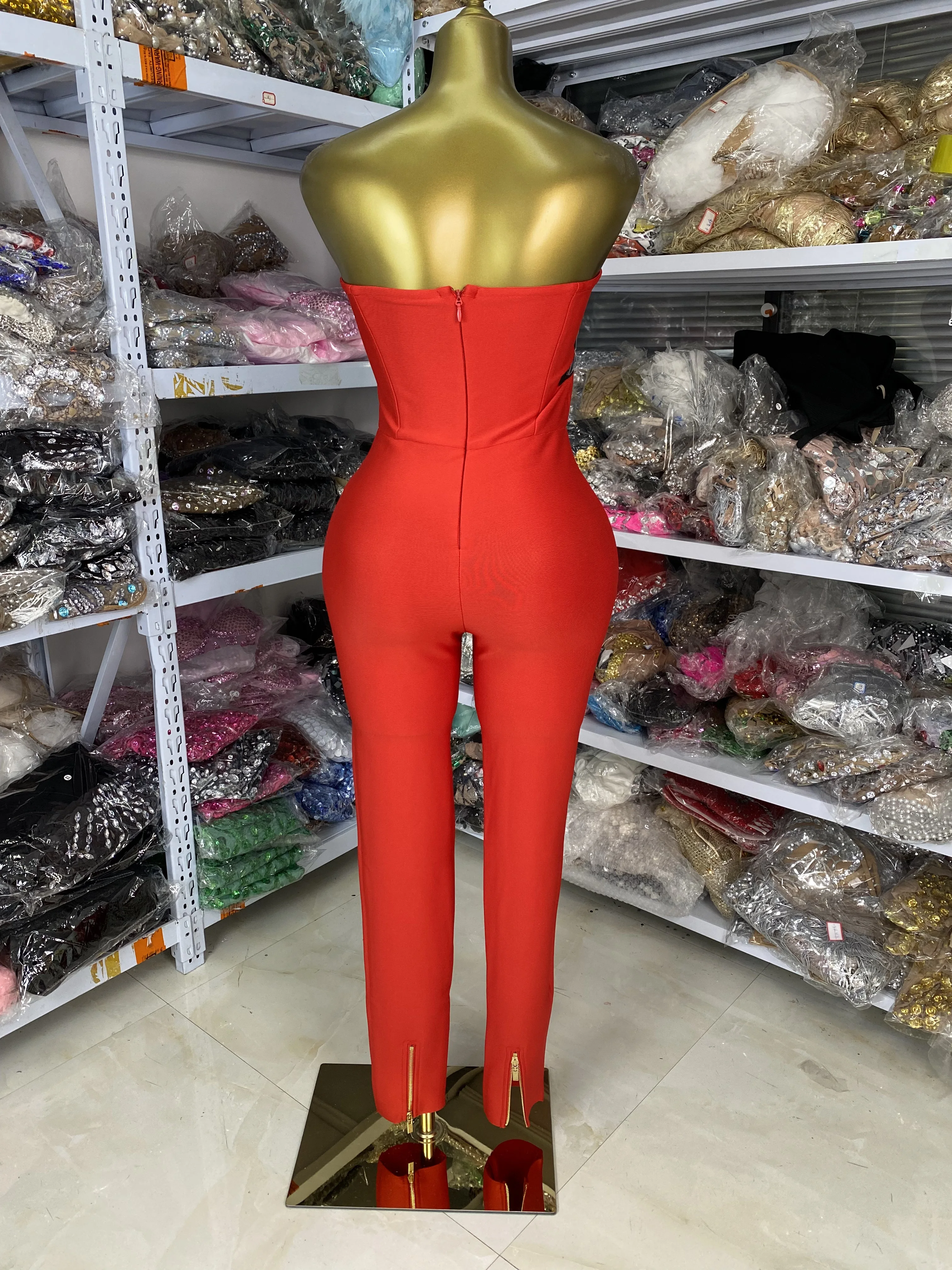 Women Red Tube Bandage Jumpsuits Sequines Embroidery crocodile traight Pants Rompers High Street Evening Club Party Dress