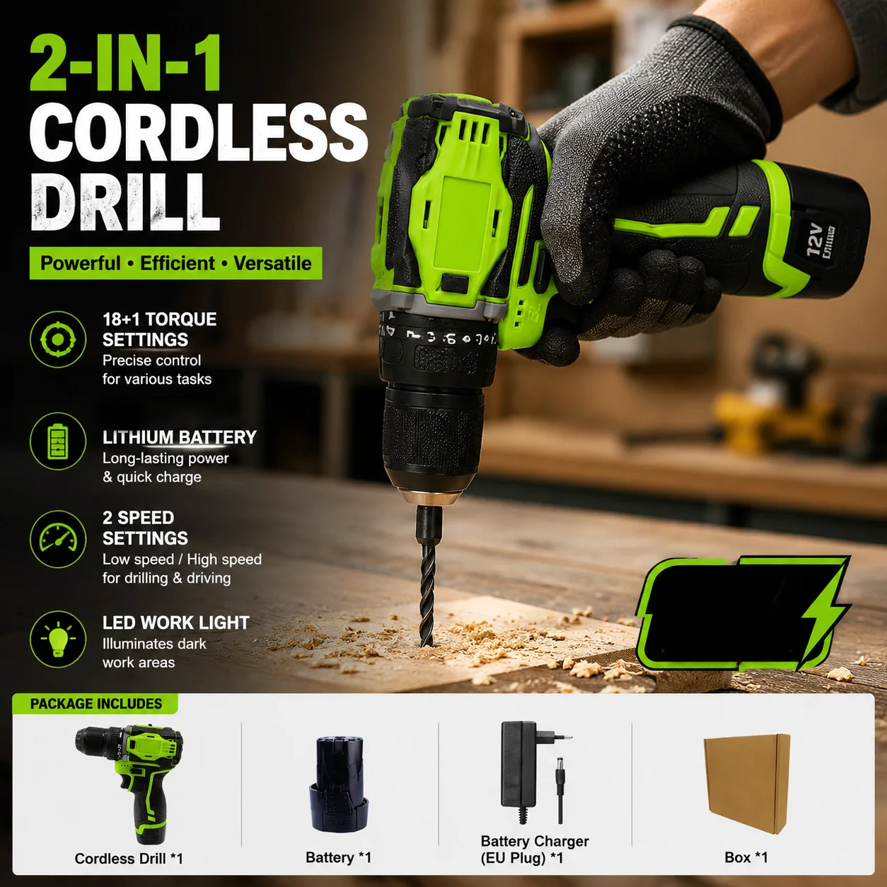 2in1Lithium Drill and Electric Screwdriver BrushlessMotor 45Nm Torque Cordless Power Tool for Home DIY and ProfessionalUse