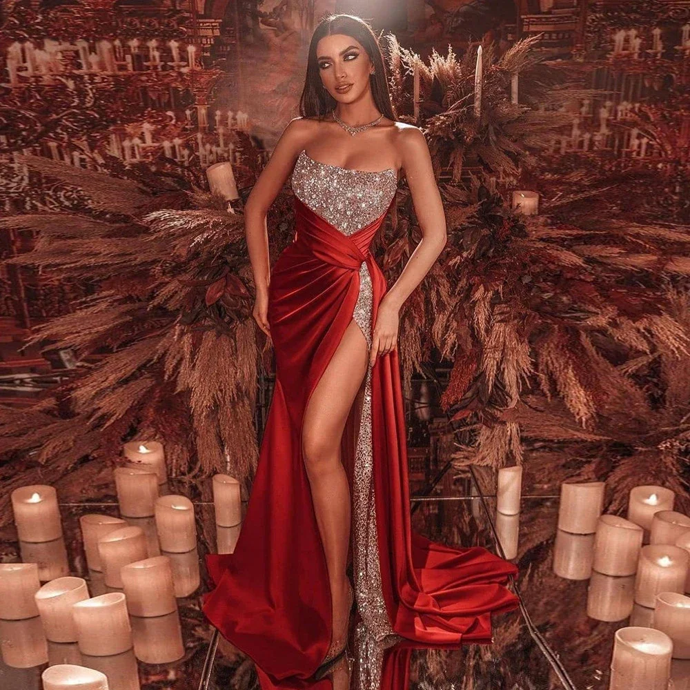 

Burgundy Mermaid Evening Party Dresses Satin Sequined Women Prom Dress Pleats High Split Side Formal Occasion Gowns