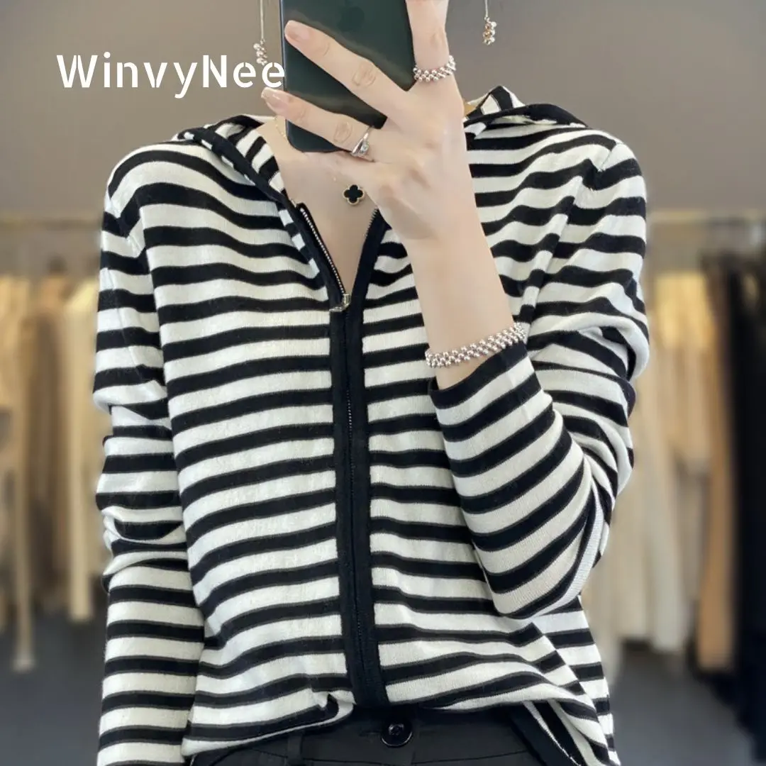 

WinvyNee Women's Spring Wool Knitted Hoodie Oli Stripe Double Zipper Long Sleeve Striped Loose Fashion Casual Outwear ZB1047019