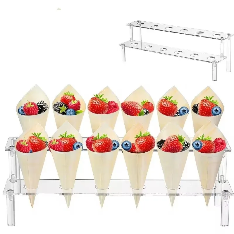 Clear Acrylic Ice Cream Cone Holder Dessert Popcorn Display Stand 12 Hole Baking Kitchen 2 Tier Wedding Party Buffet Food Shelf