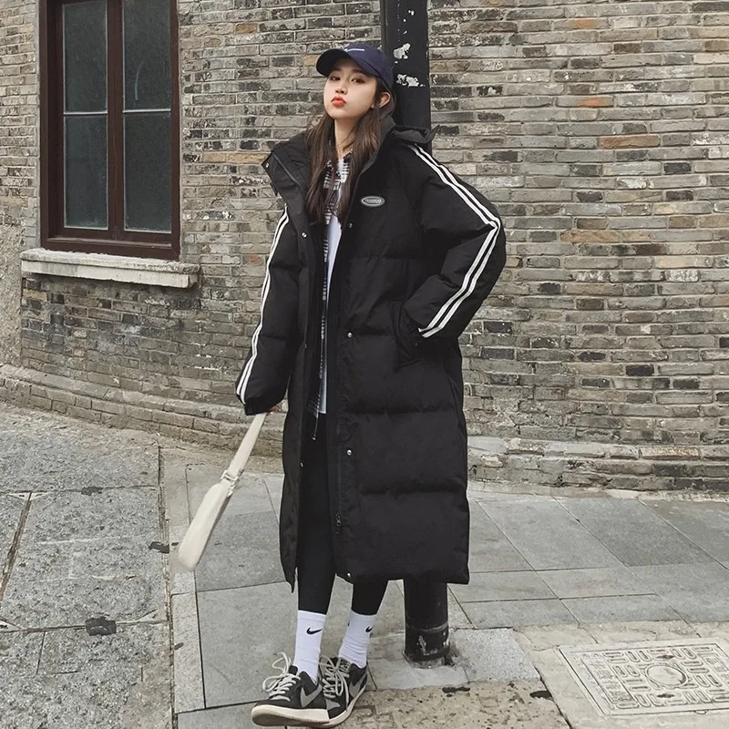 

Winter Fashion Hooded Long Down Jacket Three Stripes Preppy Style Cotton-padded Jacket Thick and Warm Couple Outerwear