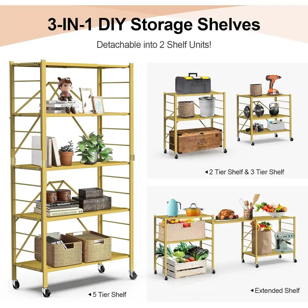 ชั้นวางของโลหะแบบพับได้ 5 ชั้น ขยายได้ พร้อมล้อ สำหรับจัดเก็บของในห้องครัว ห้องเก็บของ และโรงรถ สีทอง