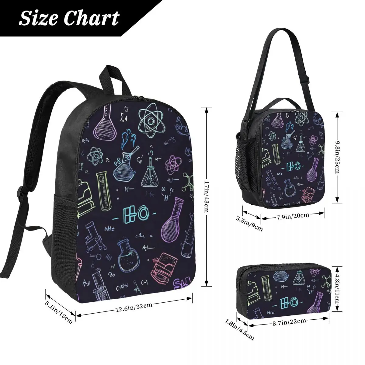 Scientific Experiment Element Style Backpack BookBag School Bag Computer Shoulder Bags 3ps Insulated Lunch Bag Pencil Case