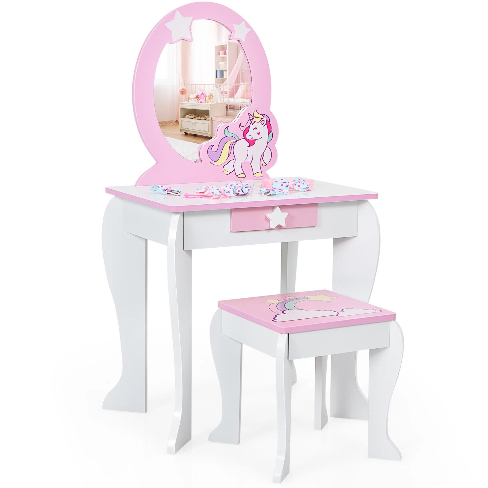 

Kids Vanity Makeup Dressing Table Chair Set Wooden W/ Mirror Drawer