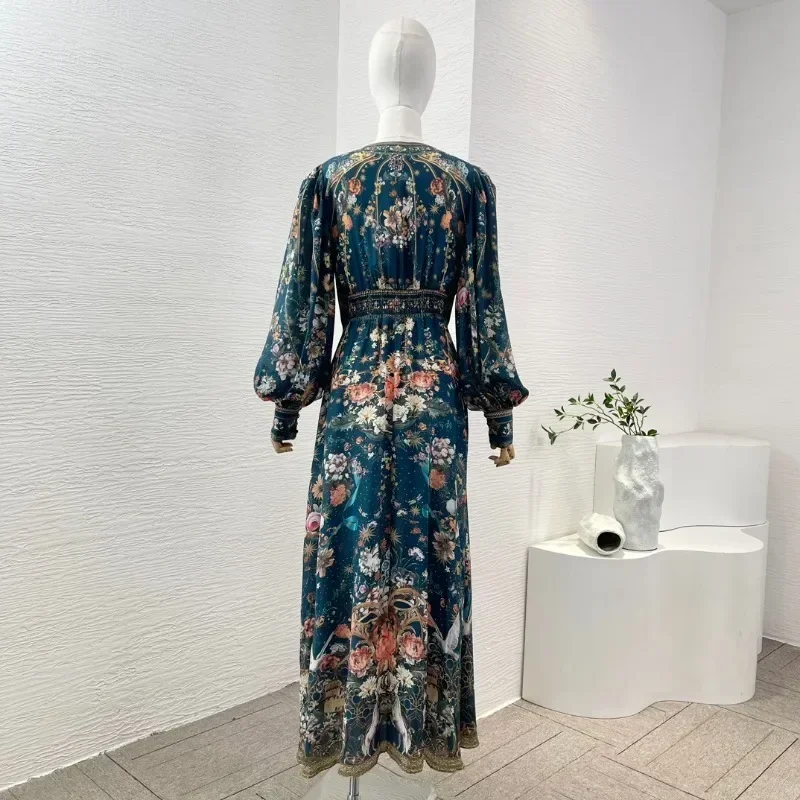 Woman Nvay Blue Floral Print Diamonds Pressed Long Sleeeve Deep V Neck Midi Holiday Dress for 2024 New Arrivals