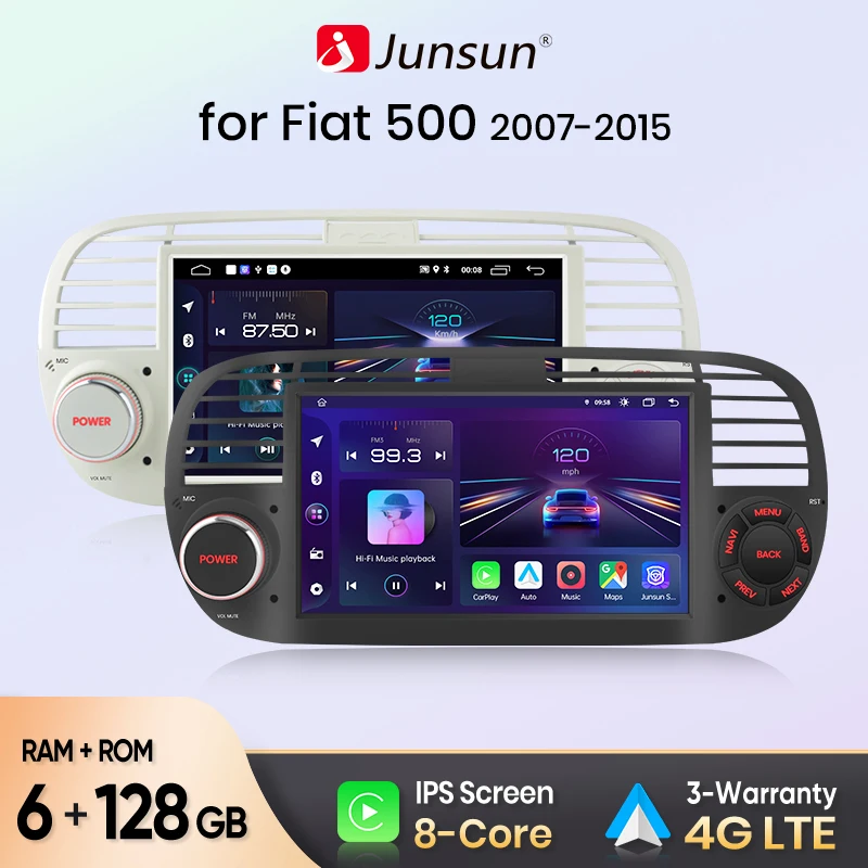 Autoradio Junsun 7 pouces sans fil CarPlay Android Auto pour FIAT 500 2007 2008 2009 2010 2011 2012 avec ventilateur de refroidissement intégré, navigation GPS Android, lecteur multimédia, WiFi, DSP, RDS, BT, SWC, écran tactile IPS, autoradio, lecteur vidéo, unité principale stéréo