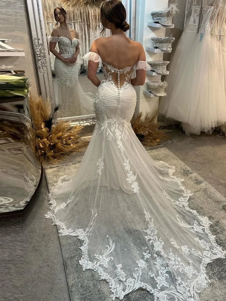 Abito da sposa Boho a sirena per donna con spalle scoperte Appliques Beach lucido lunghezza pavimento abito da sposa elegante Robe De Mariée