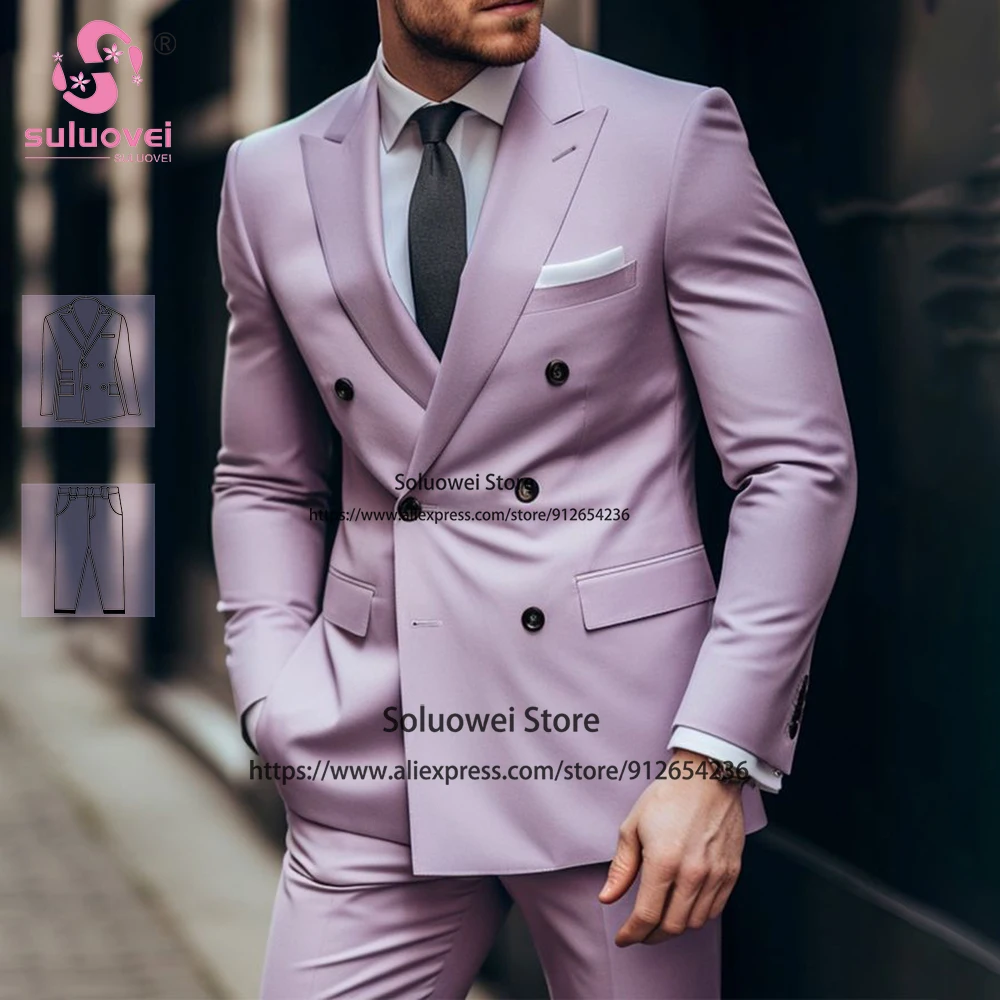 

Fashion Double Breasted Suits For Men Elegant Slim Fit 2 Piece Jacket Pants Set Formal Groom Wedding Peaked Lapel Tuxedos Blazer