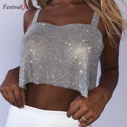 Bling Strass Party Crop Top 2023 Moda Solid Backless Cinghie Pieno Diamanti Paillettes Cami Cropped Glitter Top per le donne