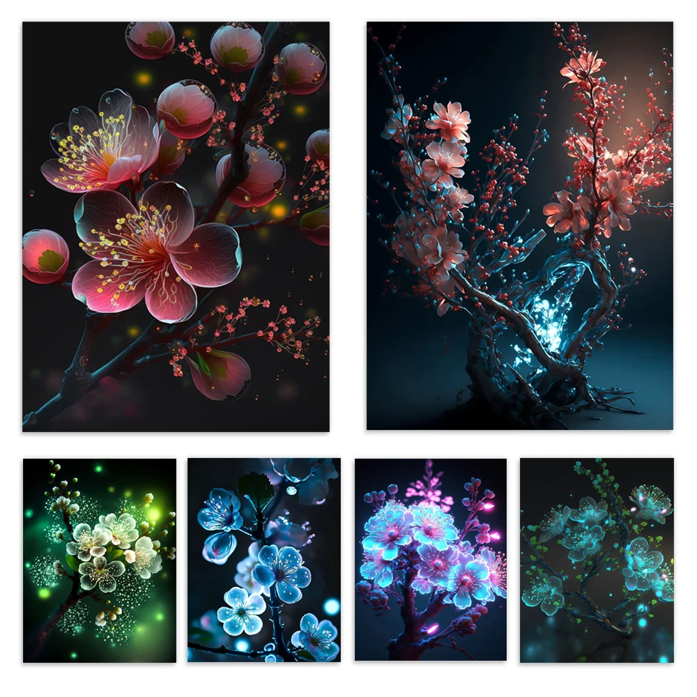 Neon effect picture Japanese cherry blossom, plum blossom flower plant poster wall printing home bedroom decoration gift