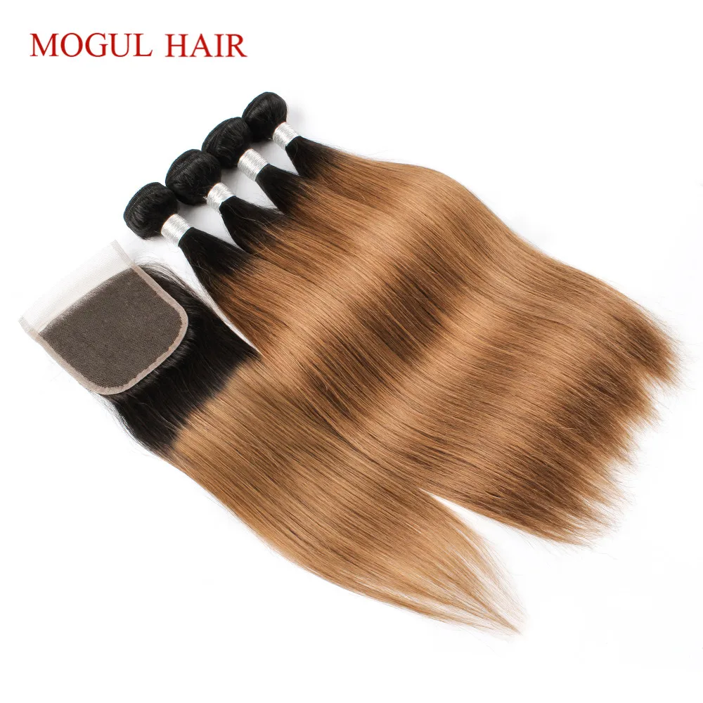 MOGULHAIR-Mèches Brésiliennes Naturelles Remy Lisses, Auburn Ombré 1B 30, 4x4, avec Dentelle Transparente, avec Closure