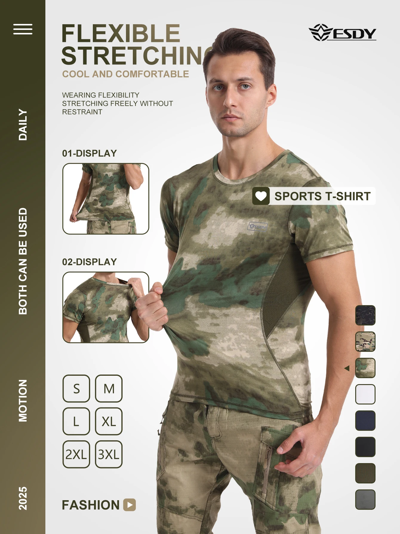 Men's Summer Quick-Drying Sports Camouflage Short-Sleeved Breathable Sweat-Wicking Ice Silk Fitness T-Shirt Outdoor Running Training Clothing Quick-Drying Clothing