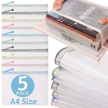 5/1Pcs 지퍼 파일 가방 A4 반투명 메쉬 방수 문서 가방 펜 포켓 폴더 사무실 학교 용품 주최자 가방