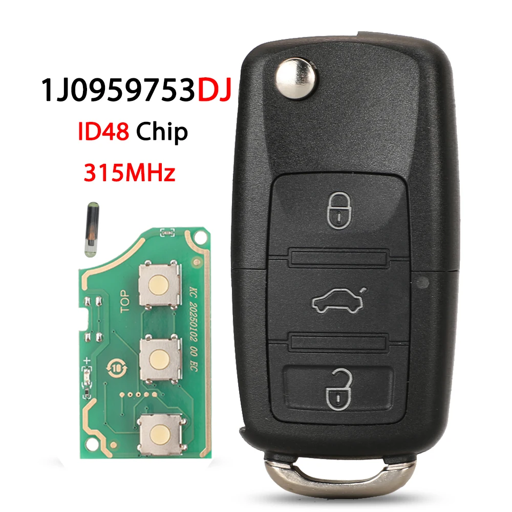 Jingyuqin 1J0959753DJ ID48 315MHz 3-Tasten Klappbarer Fernbedienungs-Autoschlüssel für Volkswagen Golf Passat Bora Sharan Seat Leon Toledo ab 1998 Schlüsselanhänger