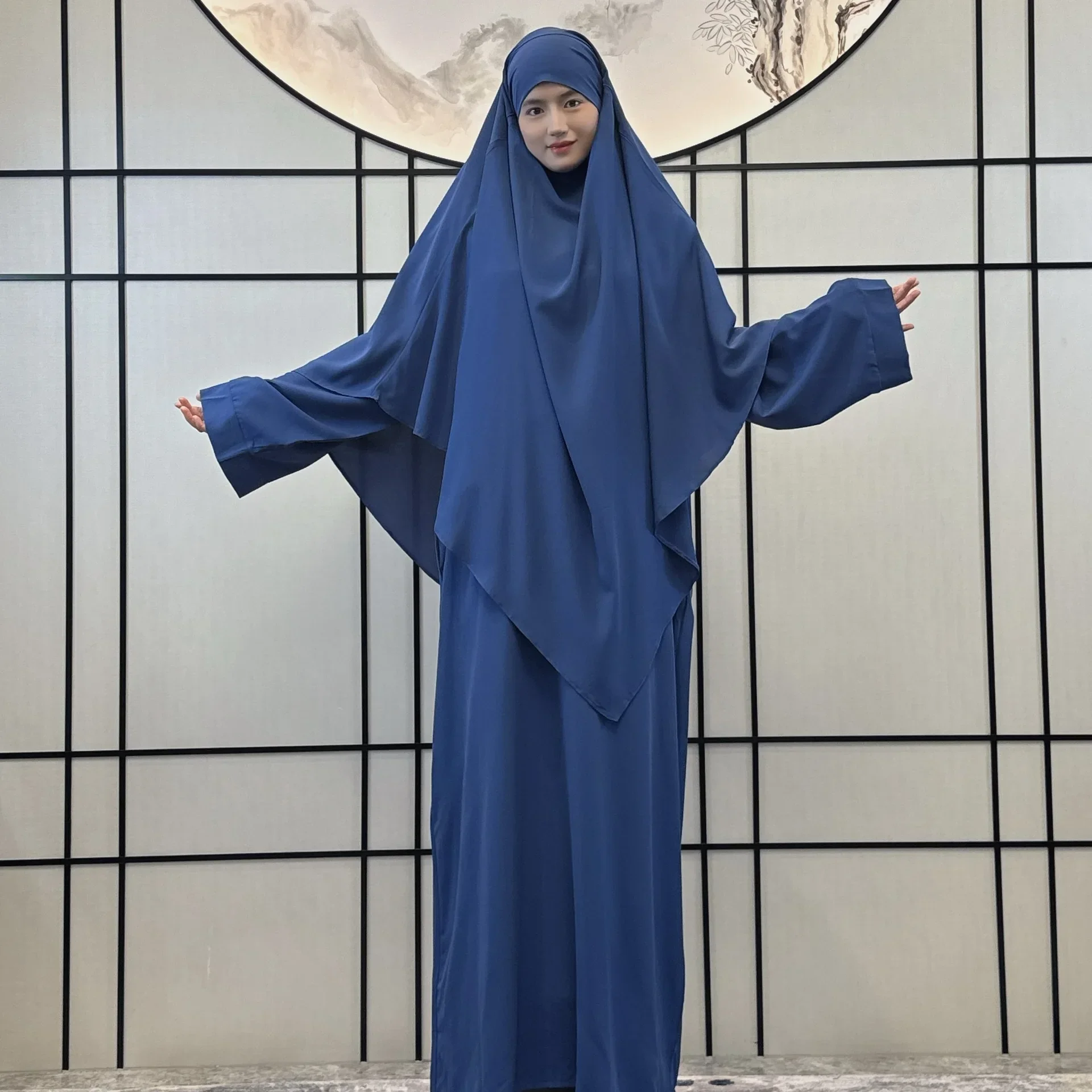 Ramadan Eid Abaya and Long Khimar Hijab Dress Jilbab 2 Piece Set Abayas for Women Dubai Muslim Prayer Outfit Islamic Niqab Burka