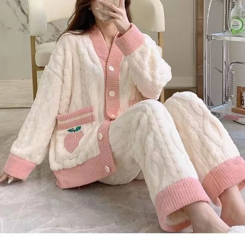 Women\'s Water Peach Suit Coral Velvet Pajamas Small Fragrant Wind New Thickened Warm Net Infrared Outdoor Wear Home Wear Suit