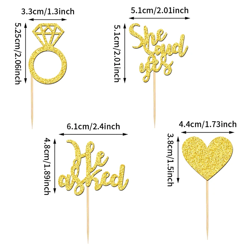 YOMDID 24 Stück Glitzernde Kuchenaufsätze „He Asked She Said Yes“, Cupcake-Aufsätze, Bambus-Cupcake-Dekorationen für Hochzeit, Verlobung – Detail 4