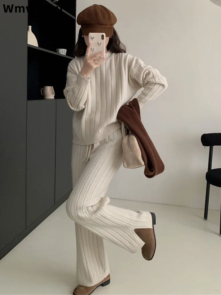 

Baggy Fashion Knitted 2 Piece Set Loose Korean Thickened Sweater Conjuntos Straight Soft Wide Leg Pants Knitwear Ensemble