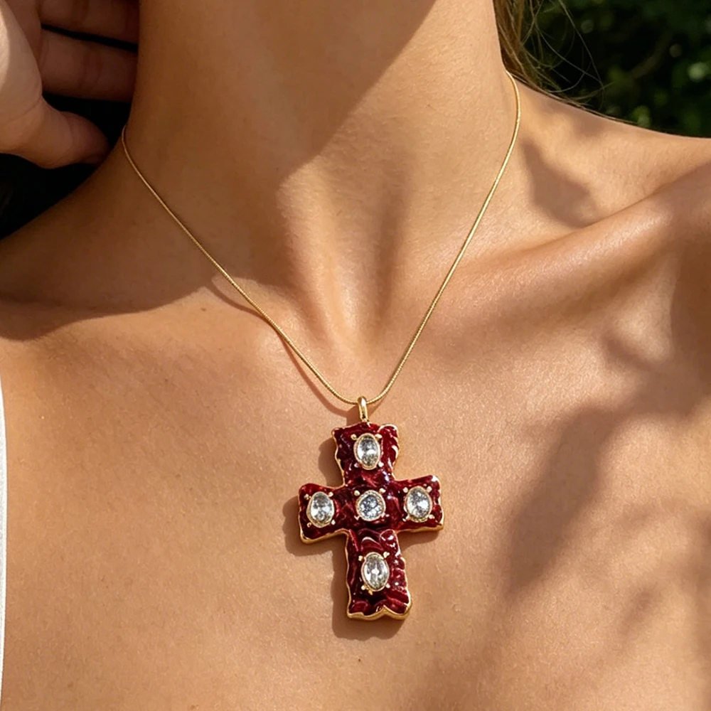 DODOHAO Classic Red Zirconia Jesus Cross Pendant Necklace for Women Golden Stainless Steel Choker Necklace Halloween Jewelry New