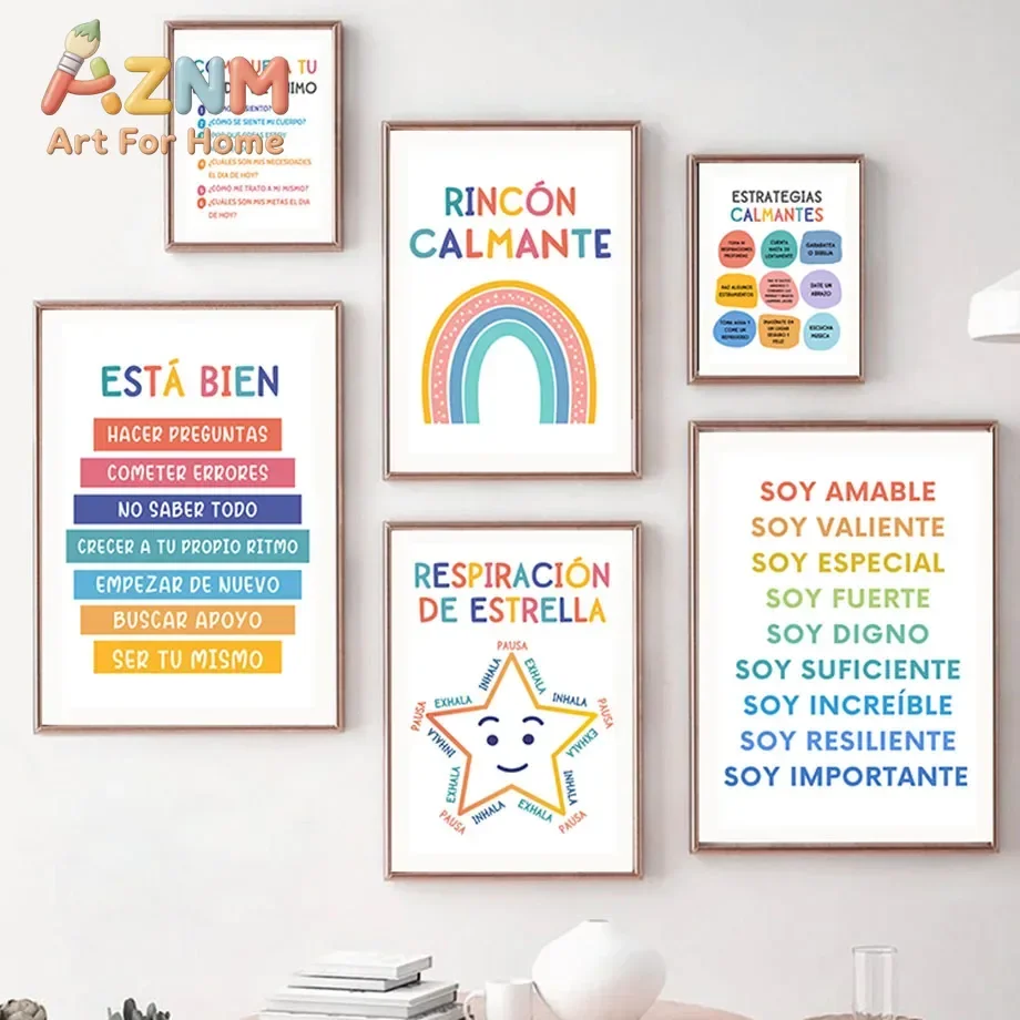 1pc frameless Spanish Calm Corner Posters Sign Educational Homeschool Art Canvas Painting Wall Pictures For Calming Classroom De