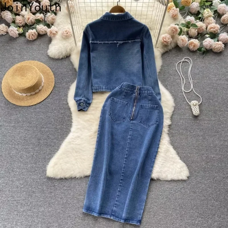 Y2k Clothes Fashion Two Piece Sets Vintage Turn-down Collar Jackets High Waist Split Bodycon Skirt Outfits Casual Denim Suit