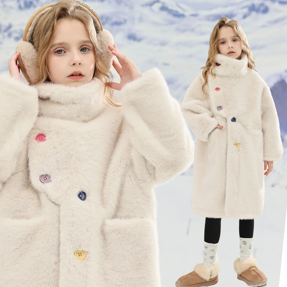 Winter Baby Girl Imitation Mink Fur Mid-length Coat Faux Fur Integrated Kid Girl Snowwear Coat Rainbow Button Little Girl Jacket