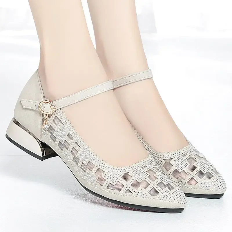 

Woman Footwear with Crystals Square Heels Diamond Pointed Toe Office Low Heel Elegant Beige Rhinestone Mesh Shoes for Women Chic