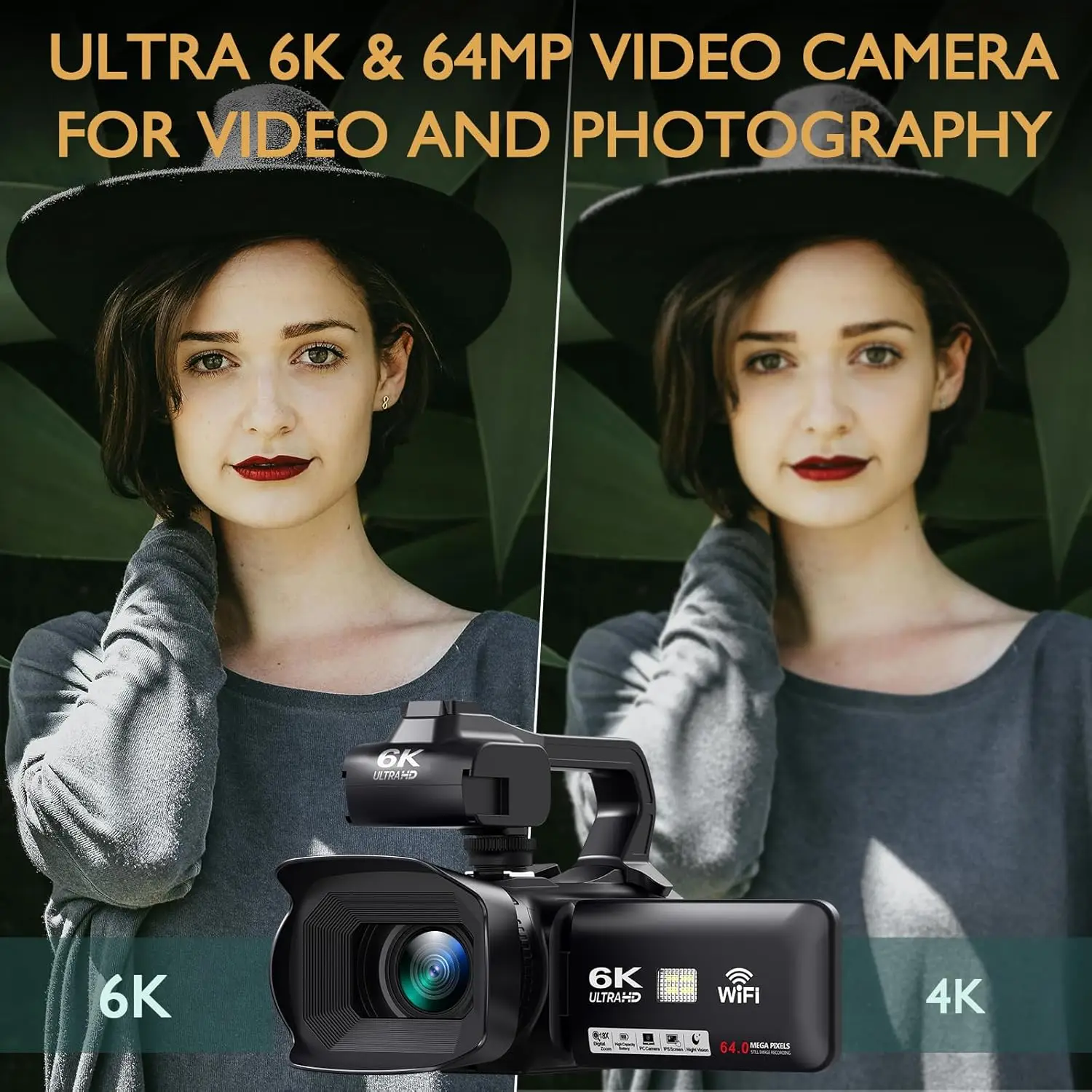 كاميرا فيديو 6K للتصوير الفوتوغرافي 64 ميجابكسل كاميرا فيديو يوتيوب بث مباشر تدوير 4.0 بوصة شاشة تعمل باللمس مسجل مدونة فيديو رقمي كاميرات ويب