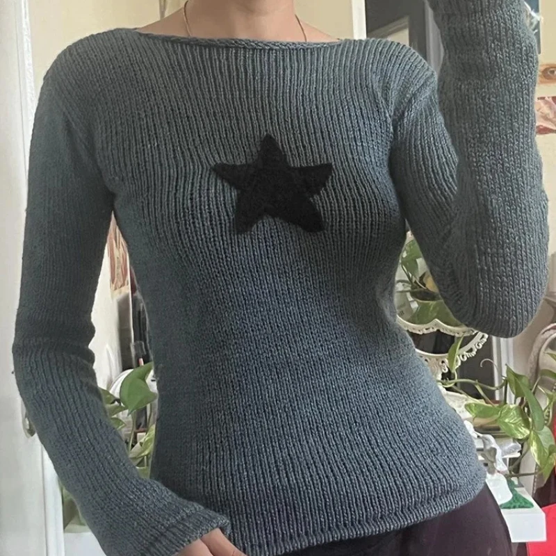 Autumn and winter new color contrasting pentagram round neck long sleeved knitted sweater, casual and fashionable sweater ﻿