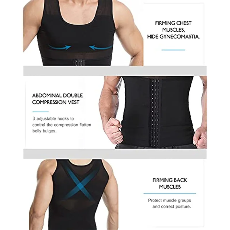 Aiithuug Men Shaper Vest 3 Rows Buckles Firm Tummy Control Compression Shirt for Men Slimming Undershirt Body Shaper Tank Top