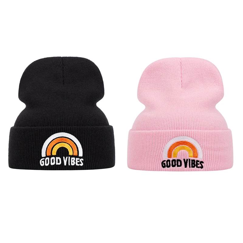 good vibes knitted hat Rainbow beanie cap outdoor winter hat embroidered ski hat