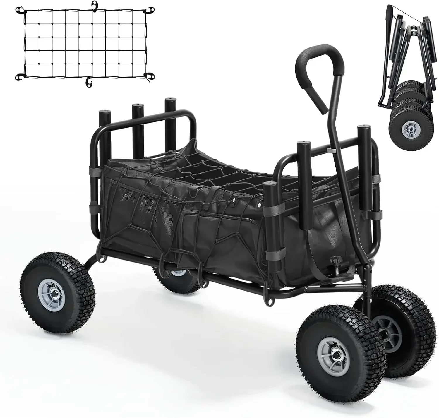 Fishing Cart Beach Cart Collapsible Wagon with 11”All Terrain Big Wheels,Heavy-Duty Garden Carts with 6 Holders and Storage Pock