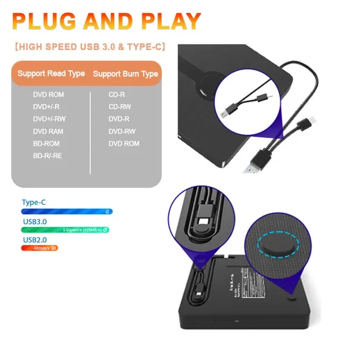 Imagen 2 del producto Unidad Blu-ray externa USB 3,0, unidad óptica portátil 3D BD-Combo, reproductor de CD y DVD, lector de grabadora de CD para ordenador portátil, PC, Windows 11/10 Mac