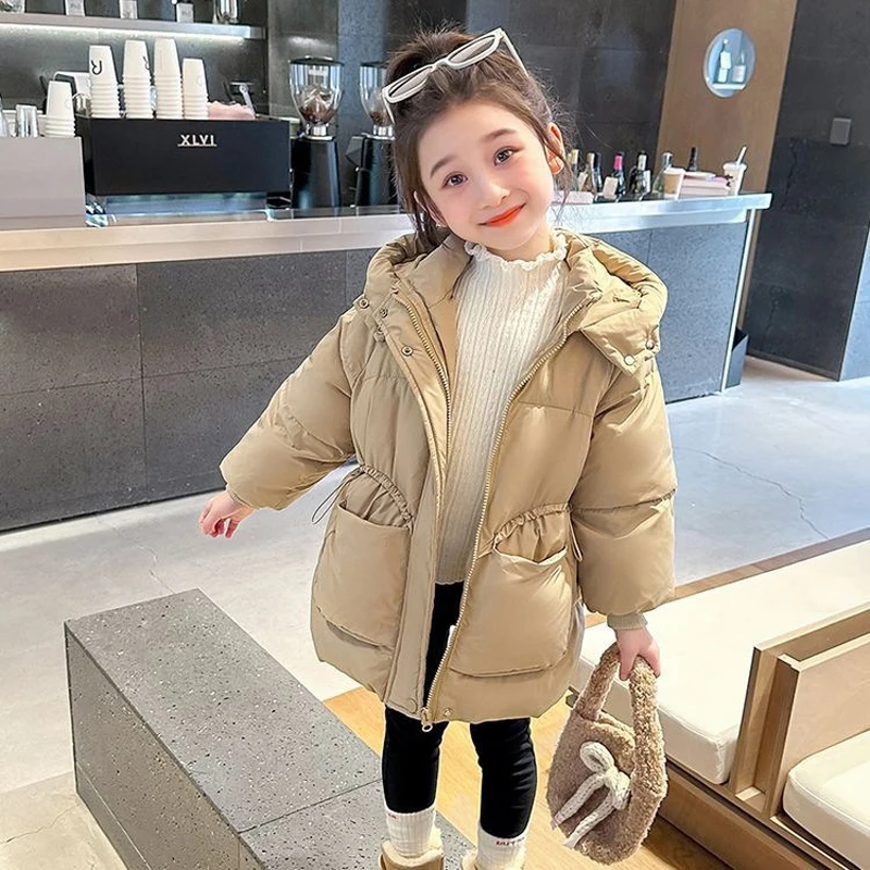 123  Winter New Girls Jacket Long Style Solid Color Thick Warm Hooded Zipper Parka Coat For Girls Down Cotton Snowsuit 2-10 Y