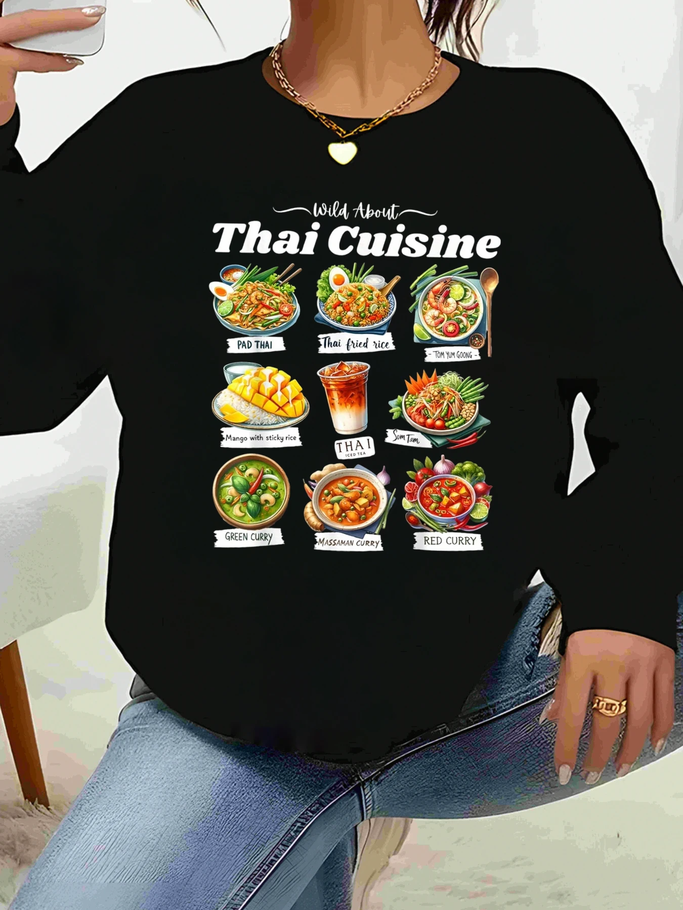 

Thai Cuisine Food Print Long Sleeve T-Shirt Casual Wear for Women Everyday Outfits